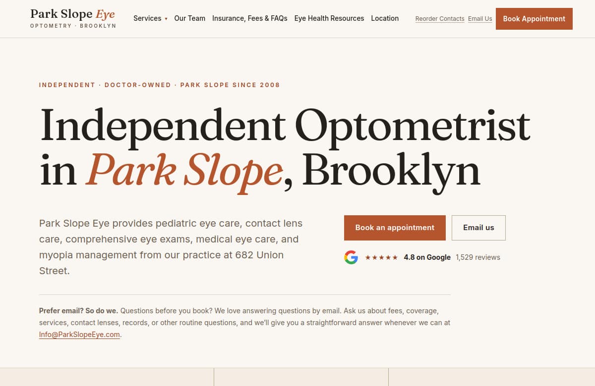 The live Park Slope Eye homepage: Independent Optometrist in Park Slope, Brooklyn, with 4.8 stars on Google from 1,529 reviews.